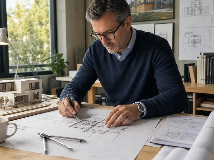Architect reviewing floor plans and a building model