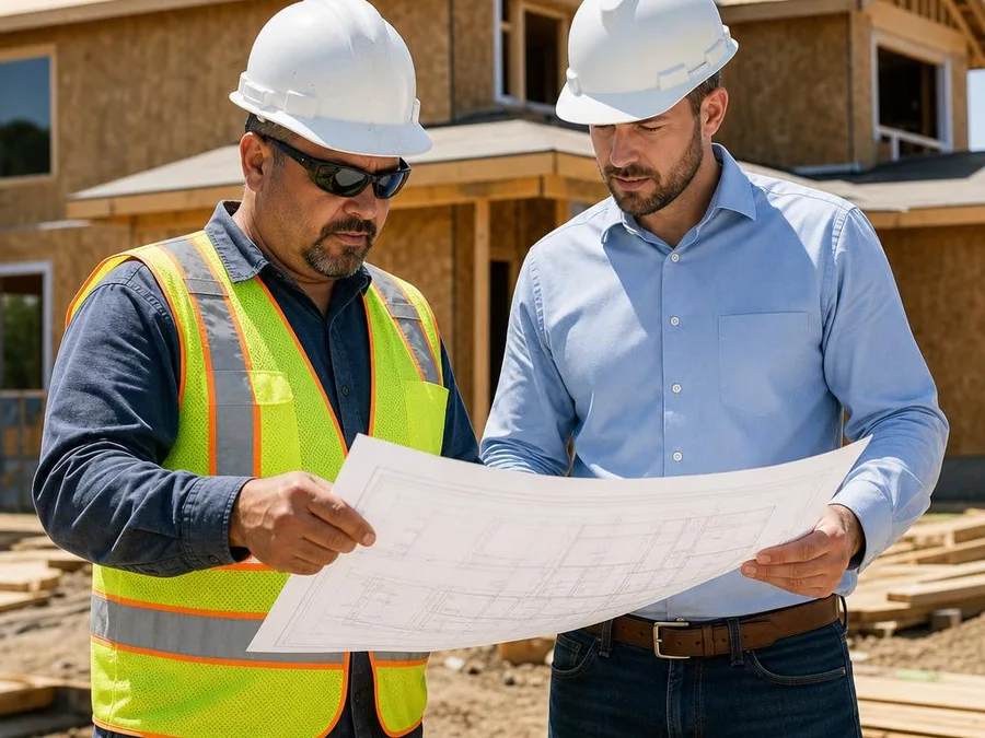 Construction team reviewing building plans on site