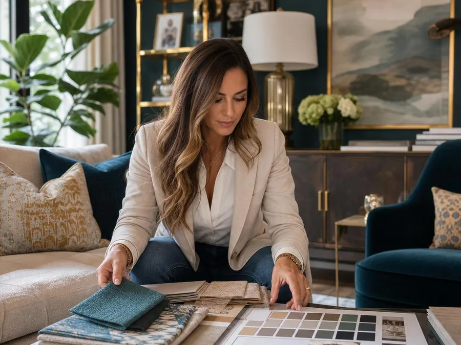 Interior designer reviewing color palette and fabric swatches