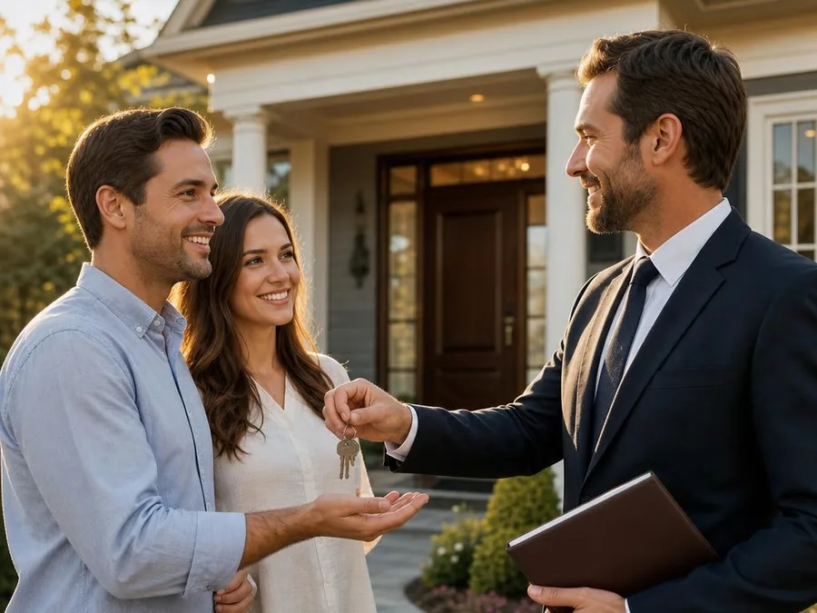 Realtor handing over house keys to happy clients