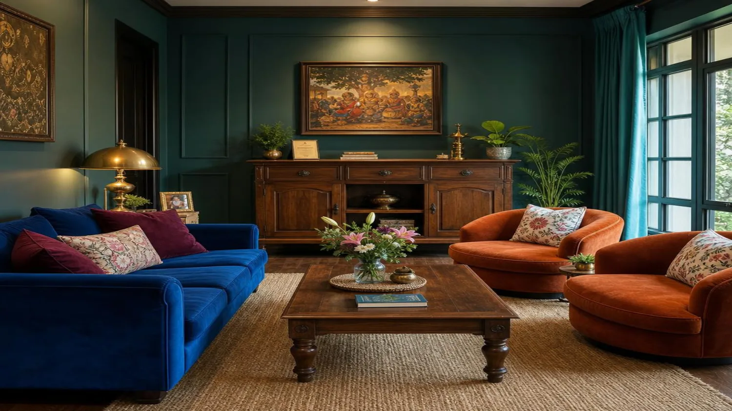 Warm, zone-aligned color palette in a living room
