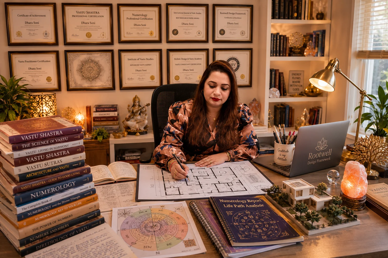 Dhhara Sooni working at her desk with a floor plan, numerology charts, and Vastu reference books