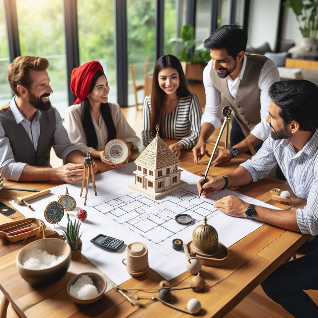 A MahaVastu consultation in progress — floor plan, compass, and model home