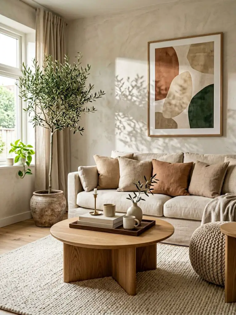 Calming, biophilic living room with natural light and plants